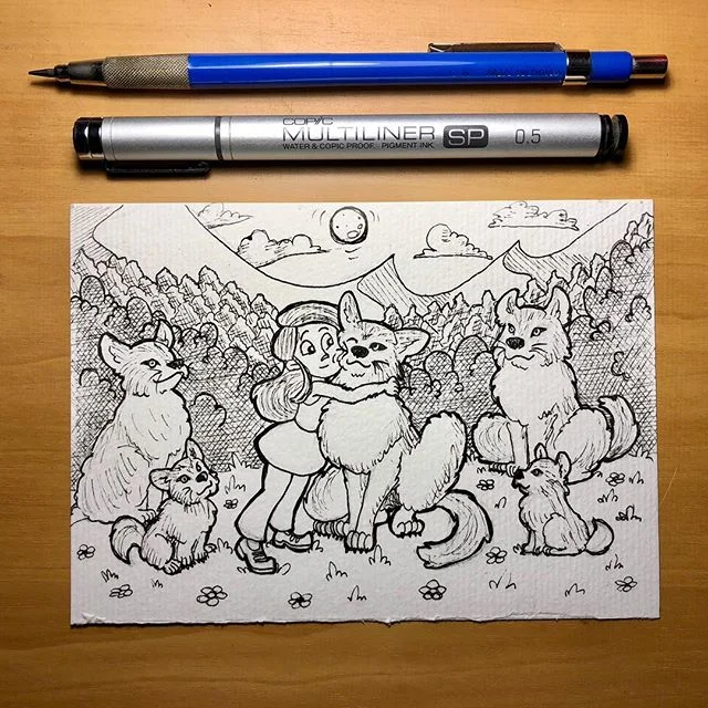 Another kid’s birthday is coming up, so time for a new card from Uncle Ben! This one is for Rachel, who’s turning 11. She asked to be cuddling with wolves. #illustration #wolf #birthdaycard #awesomeuncle