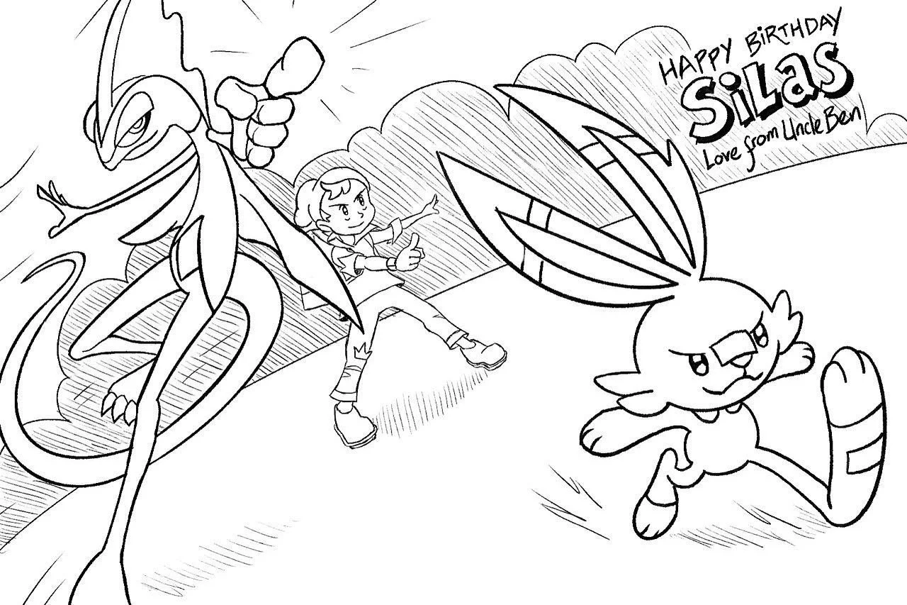 My dude Silas just turned seven and asked for a Pok&eacute;mon-themed birthday card. Inteleon and Scorbunny are his favourites - they sure are fun designs to work with! #gottacatchemall #illustration #birthdaycard