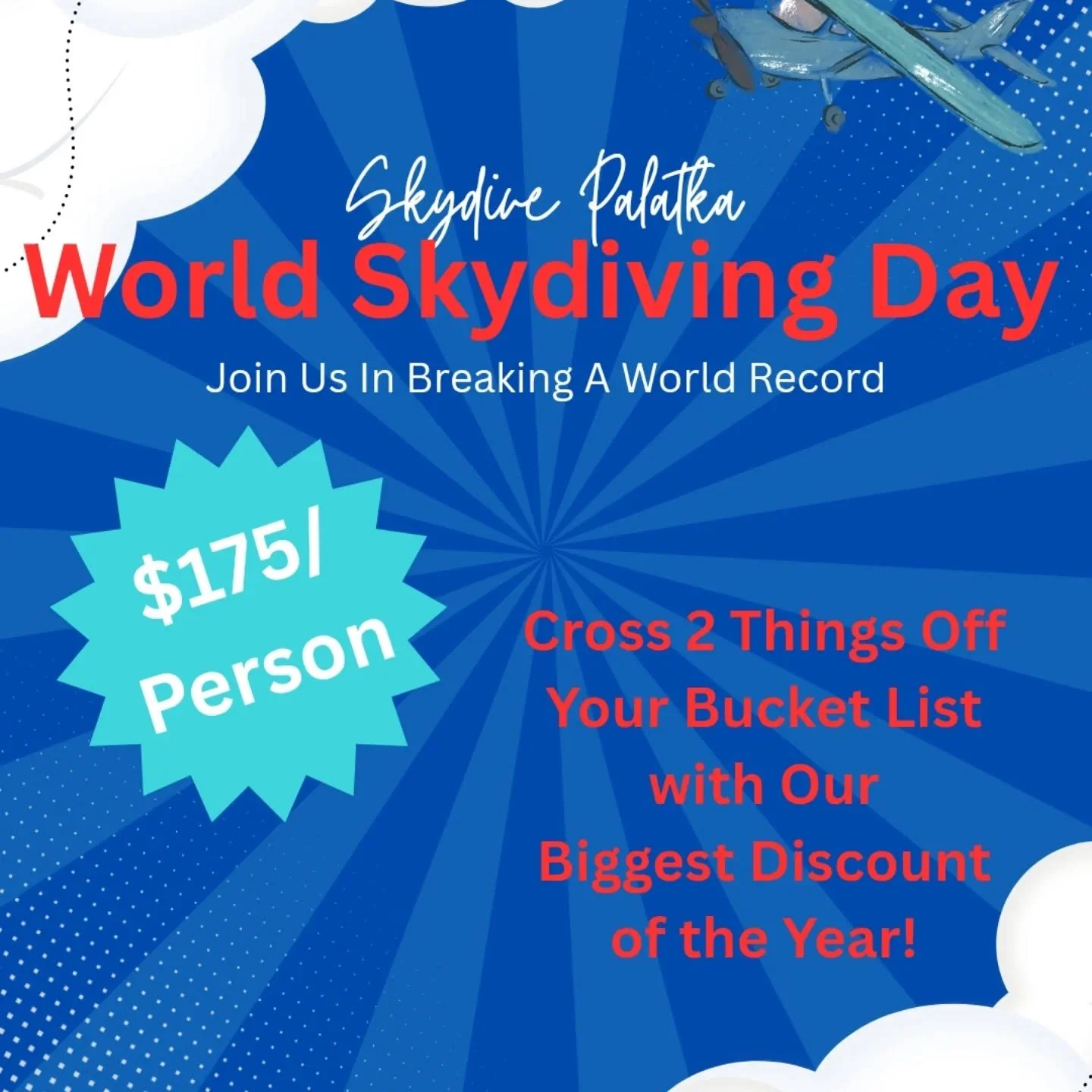 Let's break the record together with our biggest discount of the year! $175/ person Saturday July 12th only! Call 386-328-0606 or register online at skydivepalatka.com
-
-
-
-
-
-
-
-
-
-
-
-
-
#skydiving #tandemskydiving #palatka #floridalife #unive