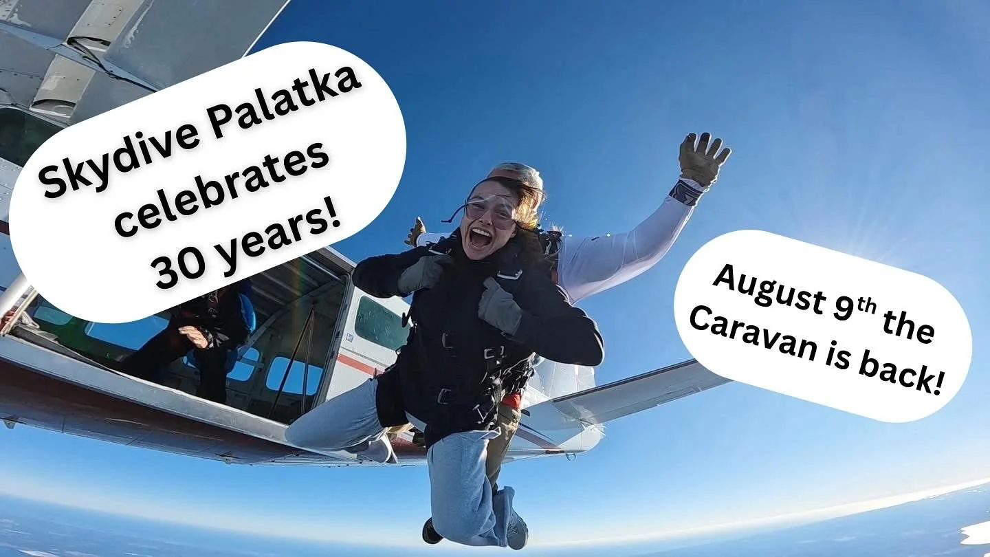 🎉Skydive Palatka turns 30!🎉 
Come celebrate three decades of altitude and adrenaline with us this Saturday 
🚨Special Announcement🚨
We will have a Caravan August 9th for the occasion 
📆August 9th 
📍Skydive Palatka 
✈️ Caravan jumps and good vi