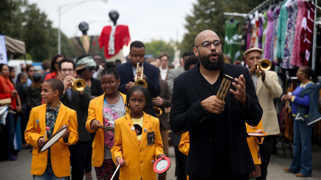 Photo: Brian Nguyen Jazz drummer Mikel Patrick Avery leads his parade Sept. 27, 2015, at the Hyde Park Jazz Festival on Chicago's South Side.