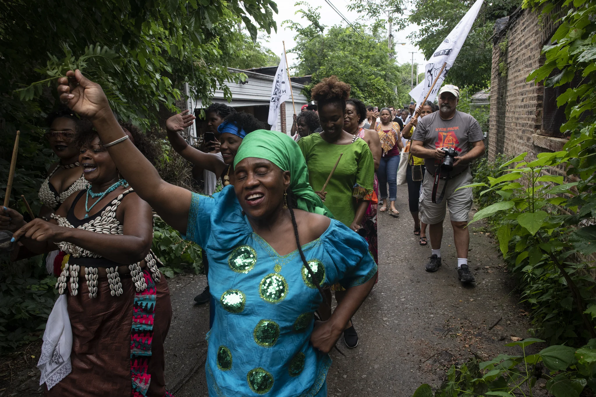 An opening procession of musicians, dancers and artists kicks off South Shore's Back Alley Jazz event. All photos by Marc Monaghan.