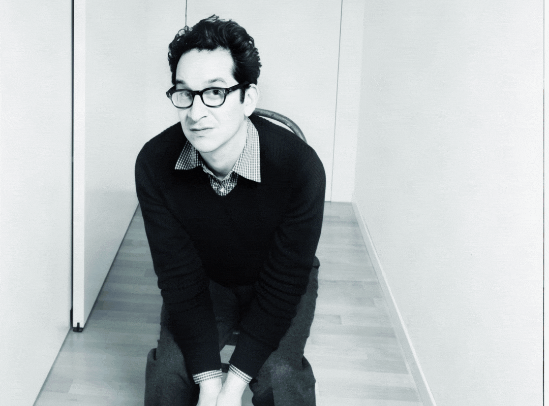 Black and white image of Josh Berman wearing glasses and a black sweater and sitting in a chair, followed by an image of Ben LaMar Gay in a field wearing sunglasses and a blue striped button down shirt holding purple flowers that cover part of his fa