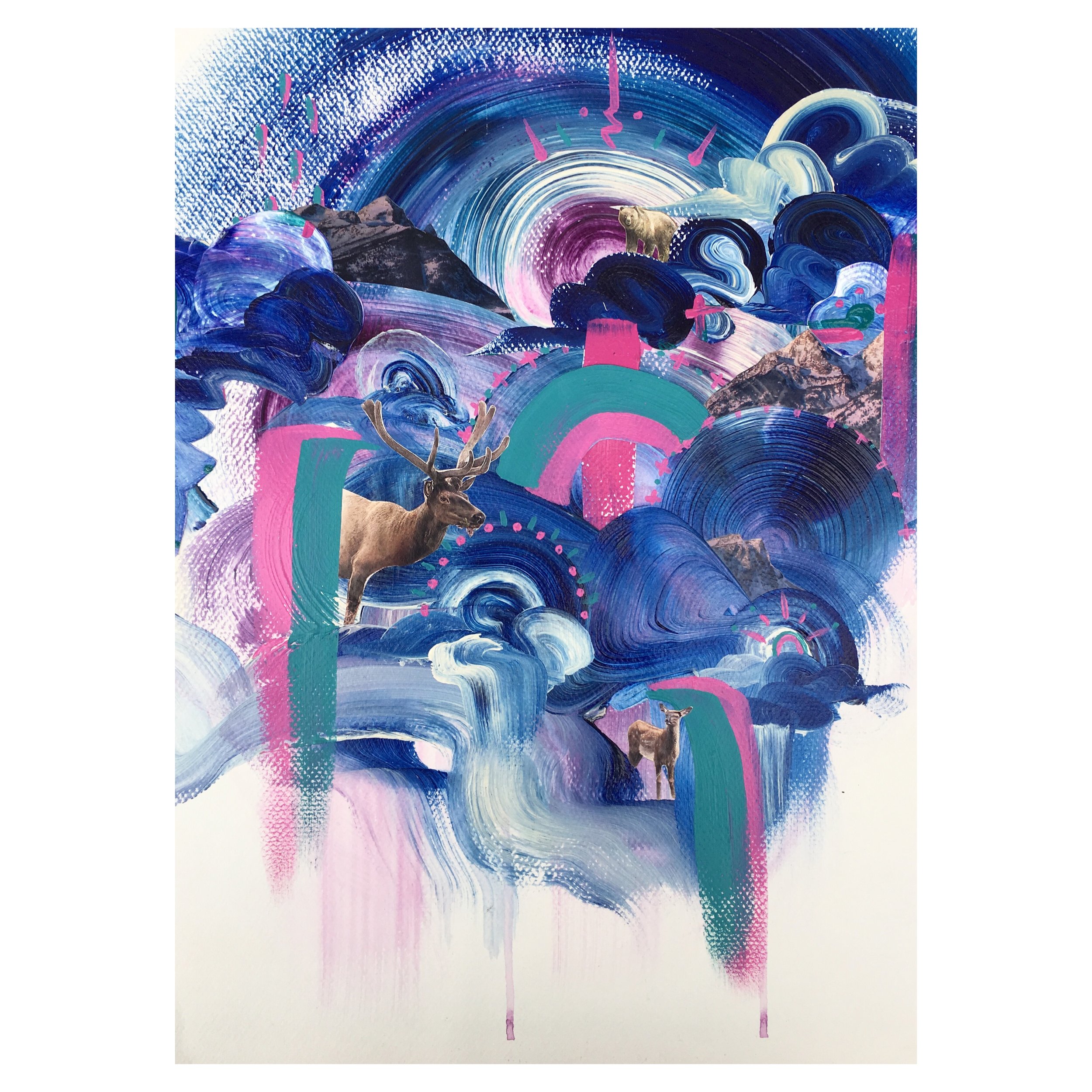 '2 elk and bear' - mixed media collage and acrylic painting on paper