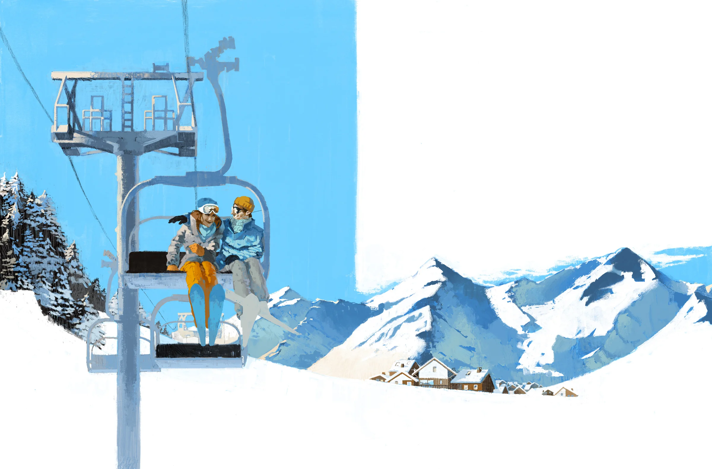 Couple embrace on the ski lift traversing the mountains of Morzine for German Wings by Marc Aspinall