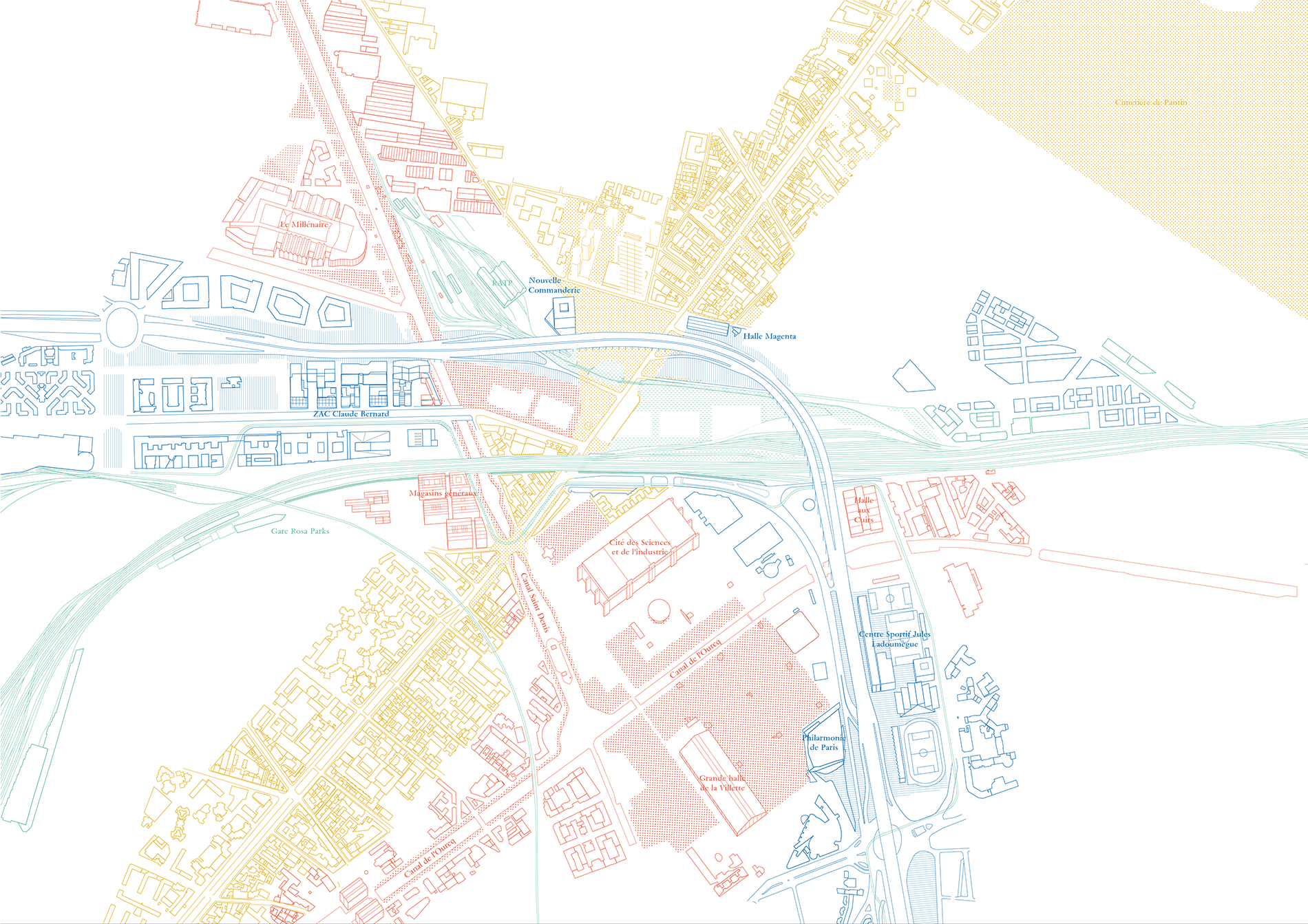 A detailed, multicolored map of a city with various districts, parks, and landmarks labeled in French. The map shows streets, railway lines, and geographical features with different colors indicating different areas.