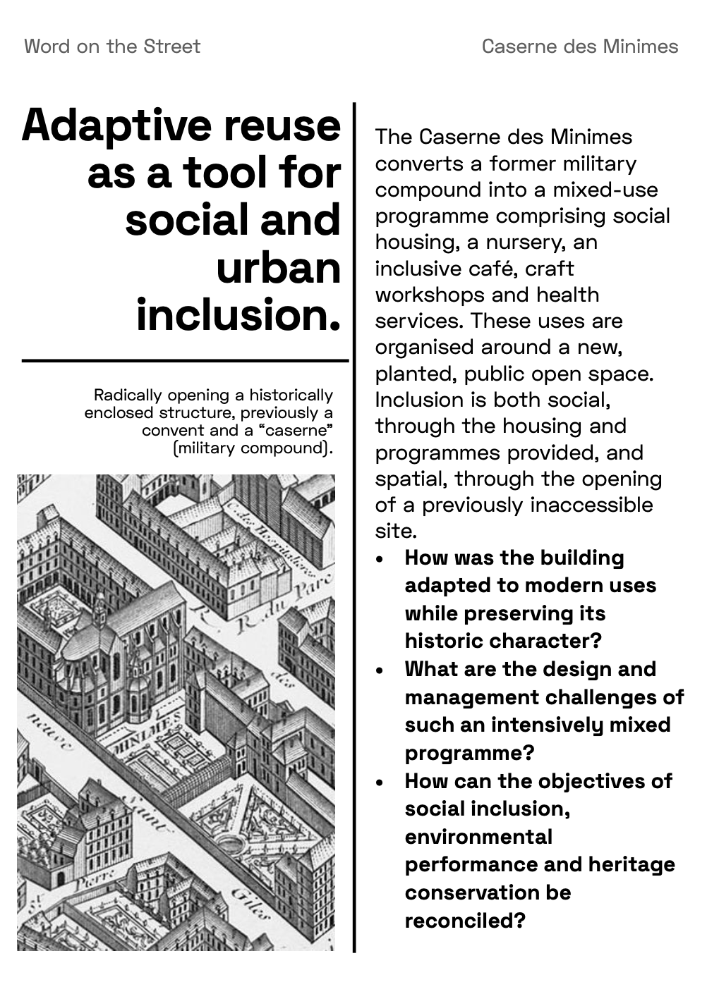 A poster about the Caserne des Minimes, a former military compound turned social and urban space, featuring an illustration of historic buildings and a list of discussion questions.