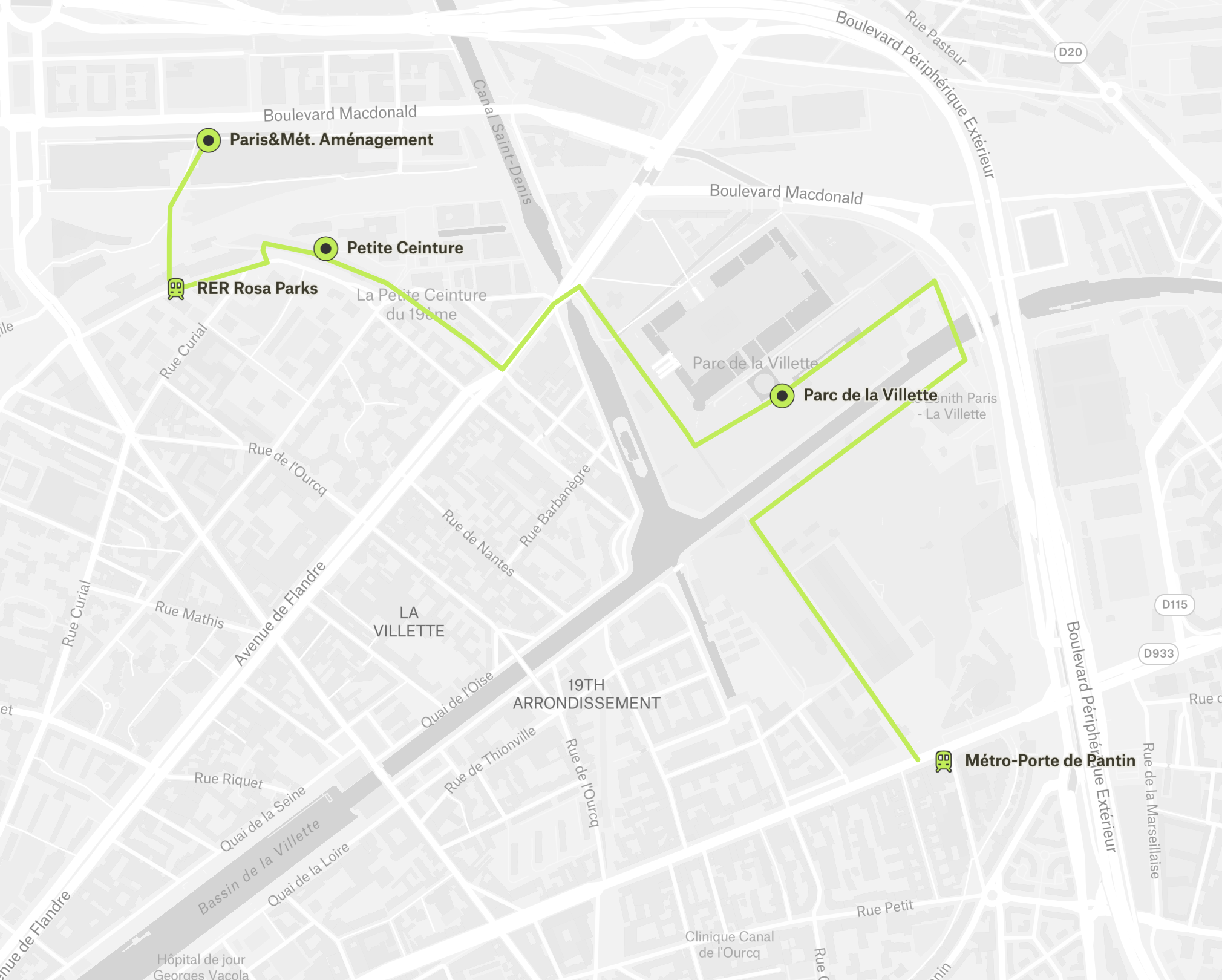 Map of Paris showing a route from Parc de la Villette to Paris&Met. Aménagement, with stops at Petite Ceinture, RER Rosa Parks, and Métro-Porte de Pantin.