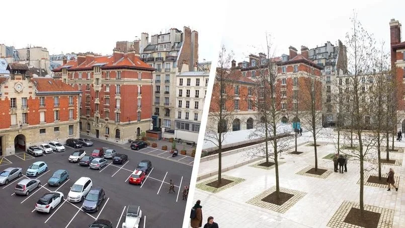 Split view of a cityscape: on the left, a parking lot with several cars and a red building in the background; on the right, a winter park with leafless trees, benches, and a few people walking, in a city with similar architecture.