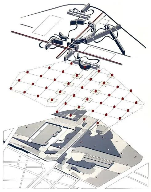Diagram of a laser tag or military simulation arena with launching, targeting, and grid components.
