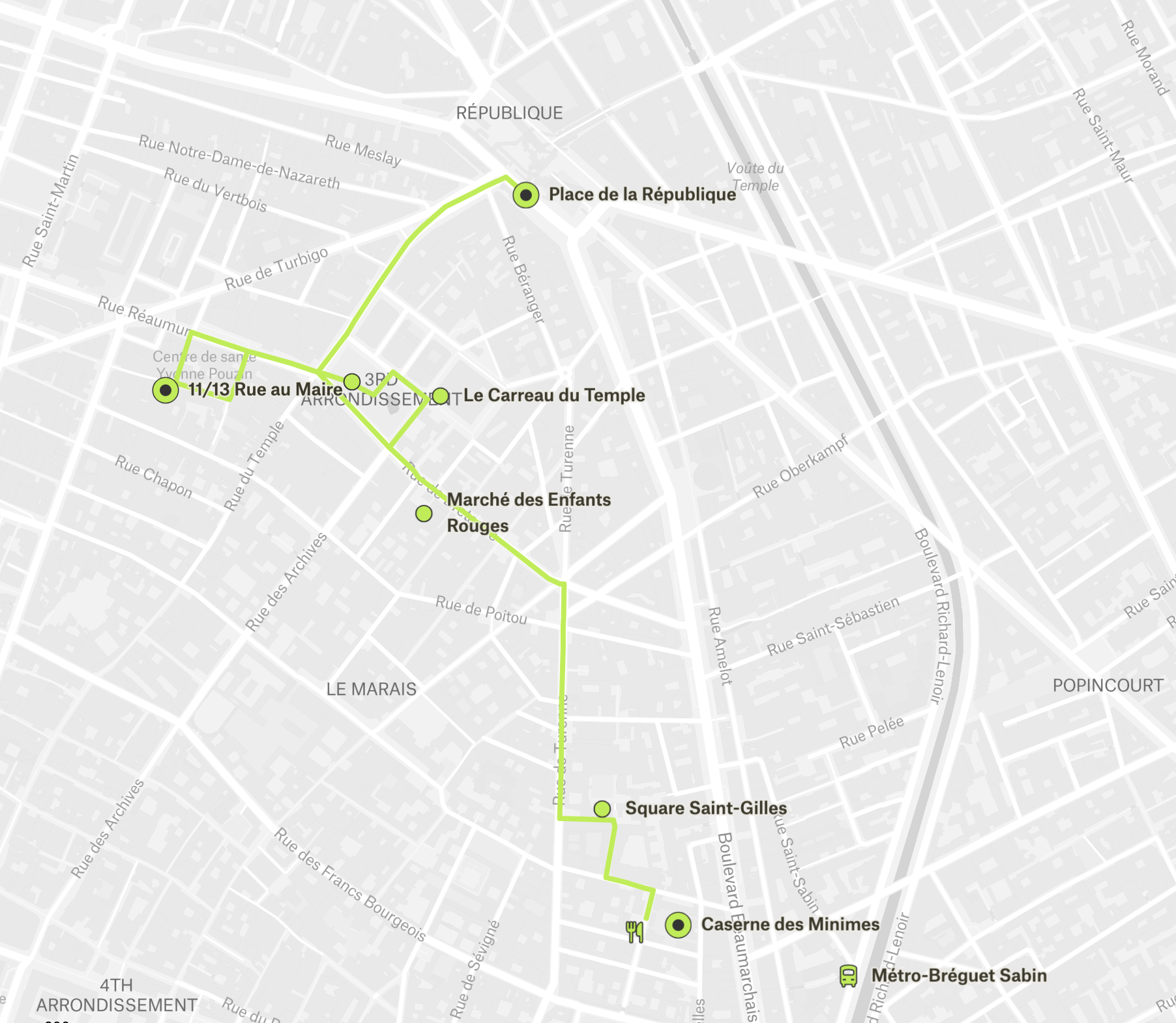 Map of a city with a highlighted route passing through various landmarks such as Place de la République, Square Saint-Gilles, and Caserne des Minimes, with icons indicating transportation and points of interest.