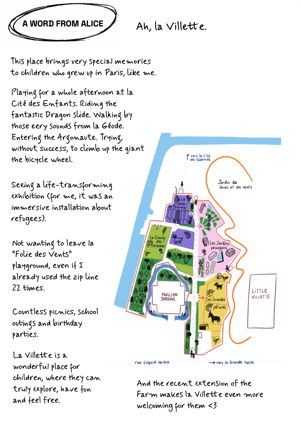Illustrated map of La Villette park in Paris, showing various sections such as Pavillon Jardins, Le Champ des Oiseaux, Les Grandes Pâtures, and Jardin des daunes et des vents. The map includes labels in French and arrows indicating directions to nearby landmarks.