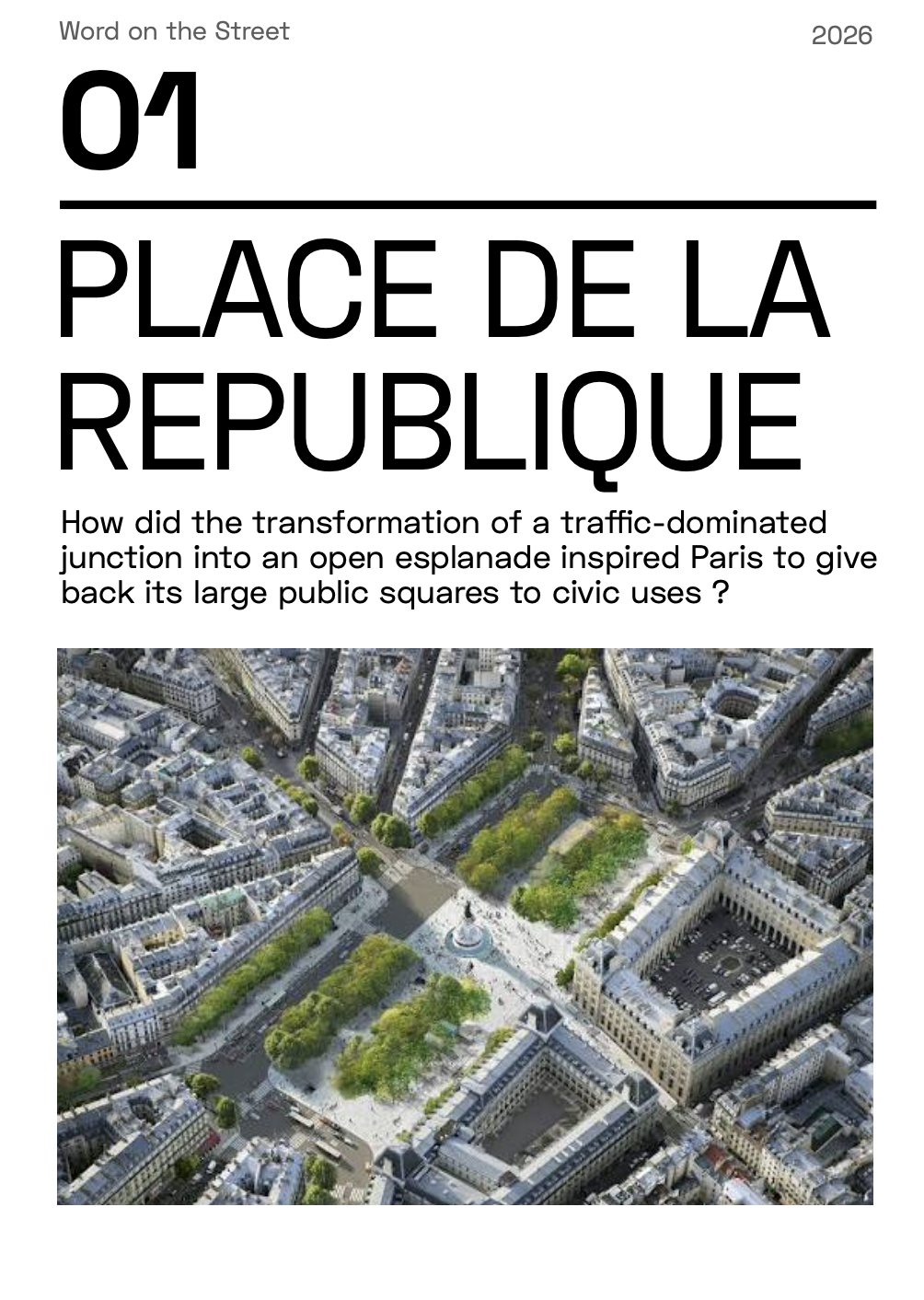Cover page of a publication featuring an aerial photo of a Paris square with trees, historic buildings, and streets, titled 'Place de la République' and labeled as issue 01, 2026.