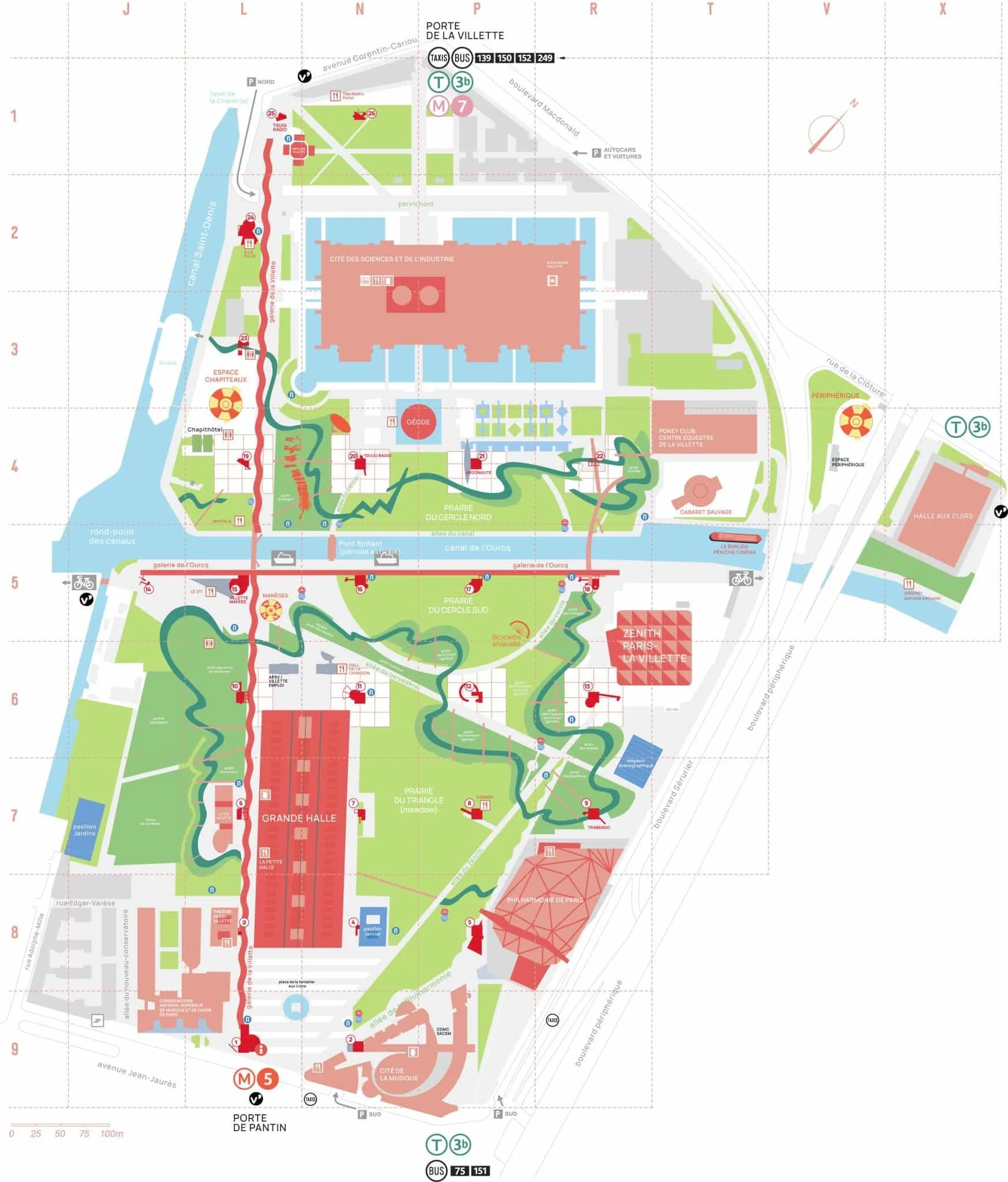 Map of the Jardin des Tuileries in Paris, France, showing pathways, green spaces, water features, and surrounding streets. Key locations such as the Grande Halle, la Petite Halle, and the Philharmonie de Paris are marked, along with transportation options like metro and bus stops.