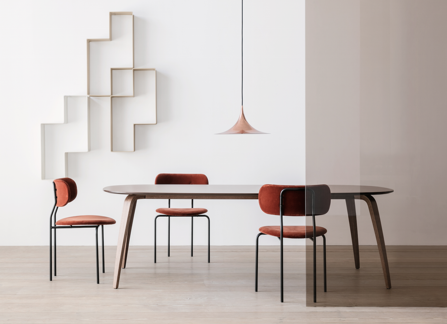 GUBI Coco Dining Chair, GUBI Dining Table, GUBI Semi Pendant, GUBI Dedal Shelf