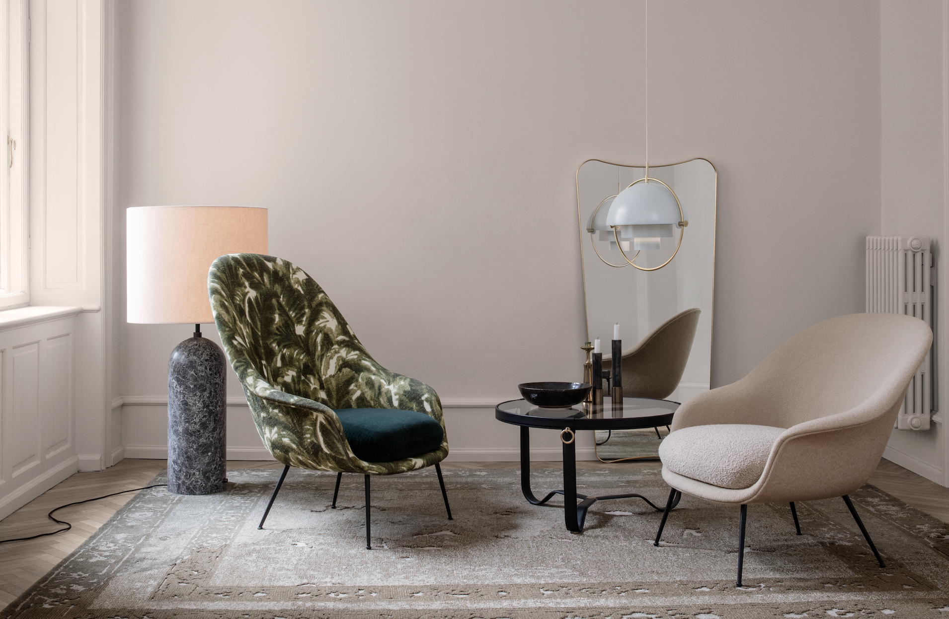 Gubi Bat Lounge Chair, Gravity Lamp XL, Adnet Circular coffee table