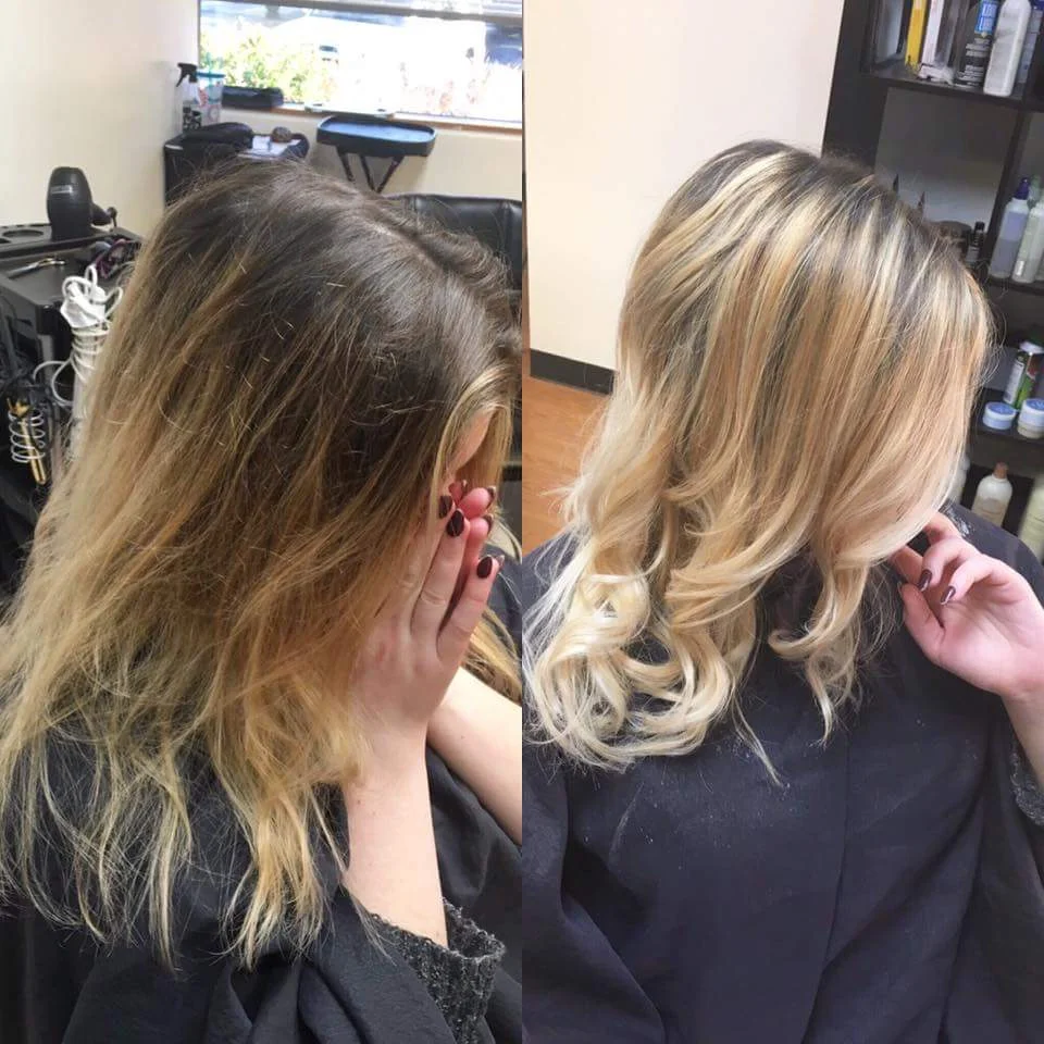 Taking a grown-out balayage and updating it with fresh dimension, lighter blonde through the ends and a nice glaze to soften the color to a beautiful buttery blonde.Done by Kara 