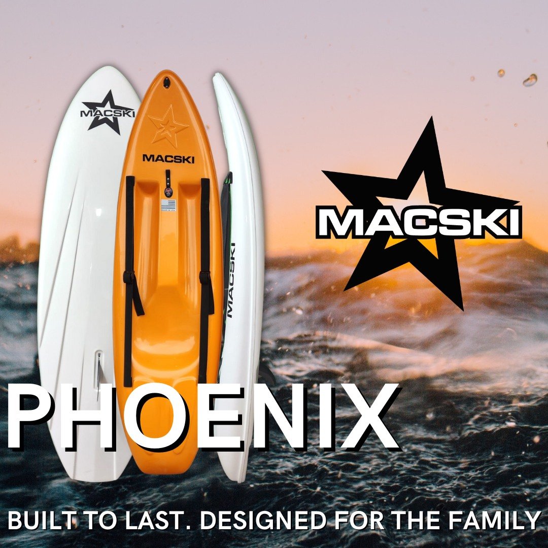 On the left side the back of a board, white in color, front of a board, orange in color, and side of a white waveski board are shown in succession.  To the right is a black star with the word Macski overlayed inn white with blackk outline.