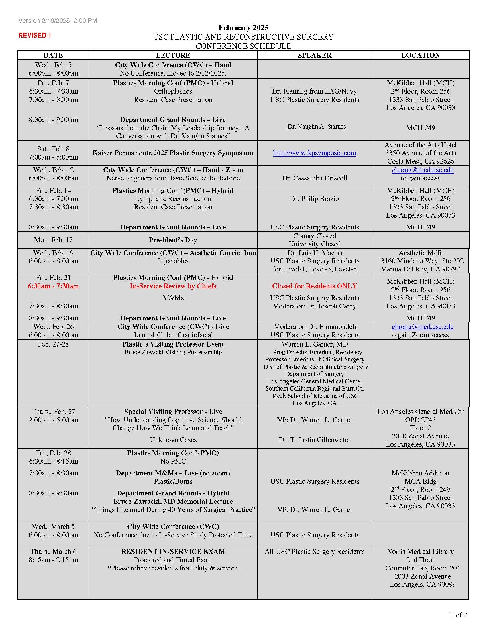 Residency Conferences — University of Southern California Plastic Surgery