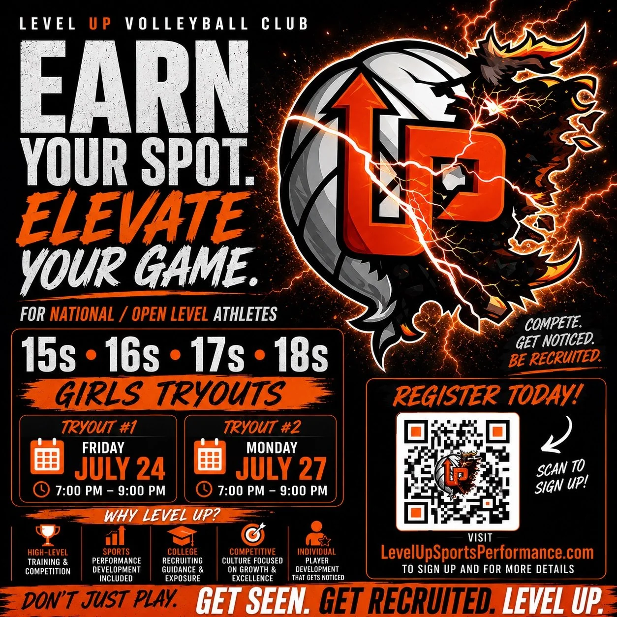 🔥 EARN YOUR SPOT. ELEVATE YOUR GAME. 🔥

National/Open level athletes near Charlotte NC&mdash;this is your opportunity to get seen, get recruited, and take your game to the next level.

🏐 15s &bull; 16s &bull; 17s &bull; 18s Girls Tryouts

📅 Frida