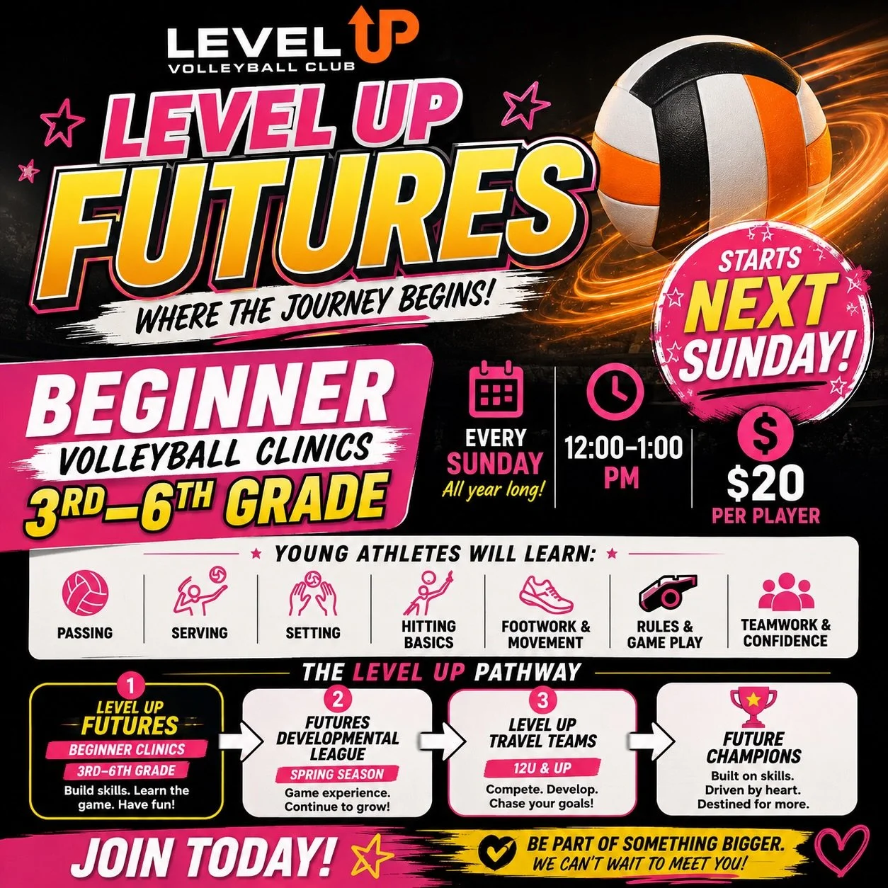 Got a 3rd&ndash;6th grader who wants to learn volleyball?
This is where her journey begins. 🧡

Introducing LEVEL UP FUTURES &mdash; our new youth development program designed to teach young athletes the fundamentals, build confidence, and fall in lo