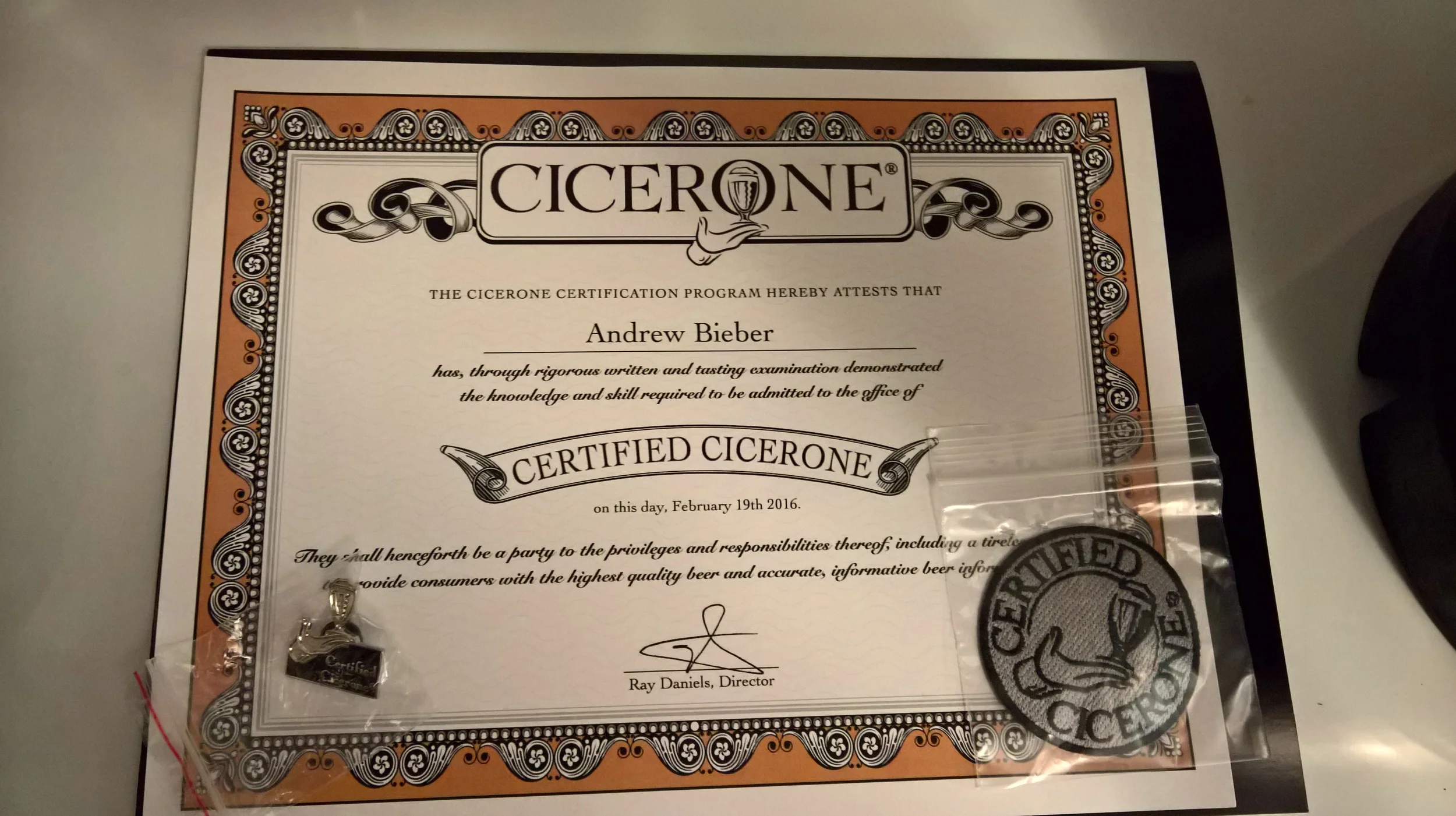 The official cicerone certificate, patch, and pin. The pin is going straight on to my Oktoberfest hat.