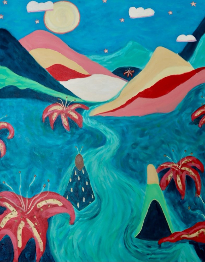 Mother daughter journey with red lilies