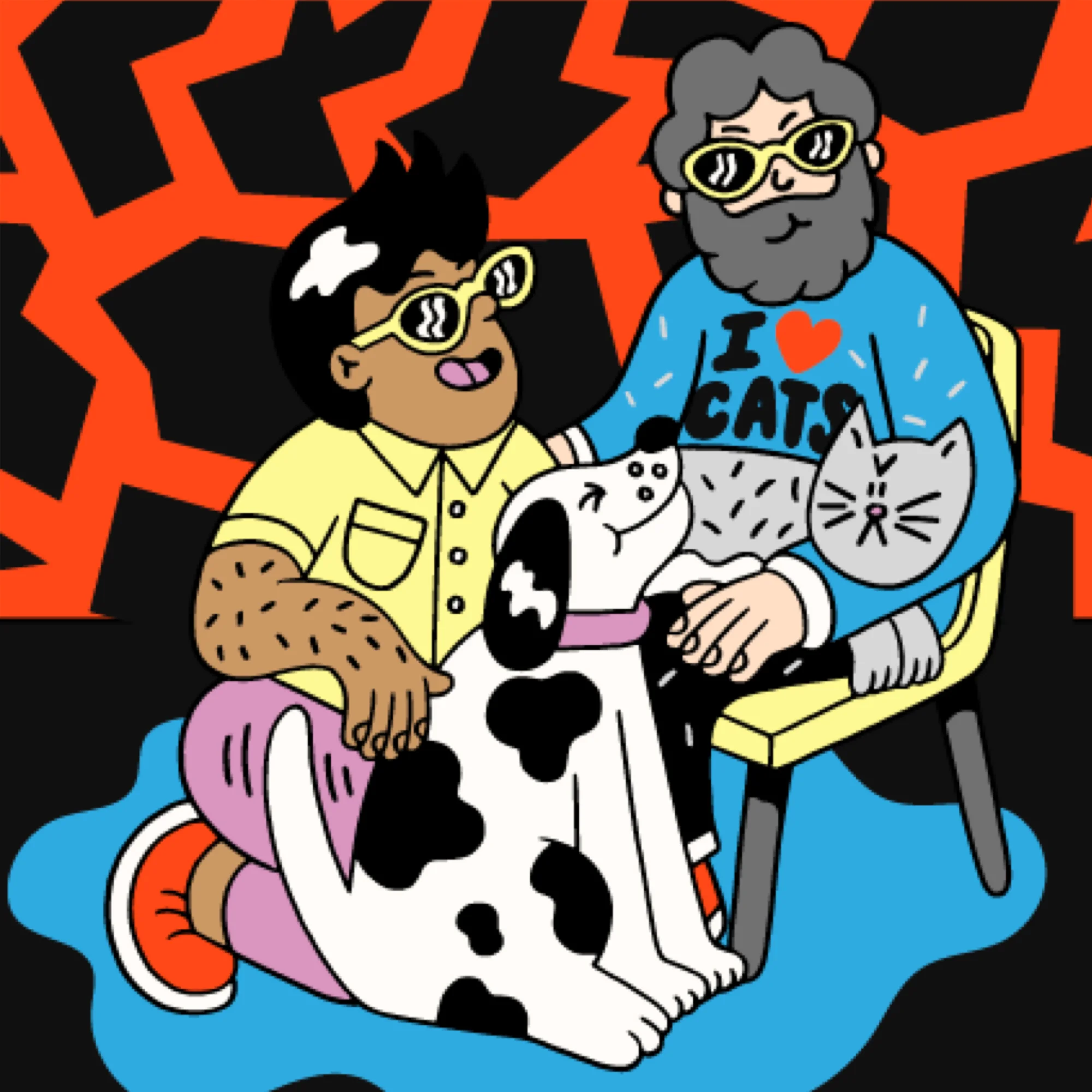 Man (Left): Outgoing Dog Person Man (Right): Introverted Cat Person