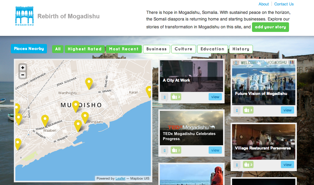 The site rebirthofmogadishu.com served as a virtual repository for videos, images, journalism, and stories to be shared by anyone witnessing the Mogadishu reconstruction. It particularly targeted young Somalis in the UK and EU, who were curious about the stories they heard of their homeland and sought to receive or provide evidence of change.