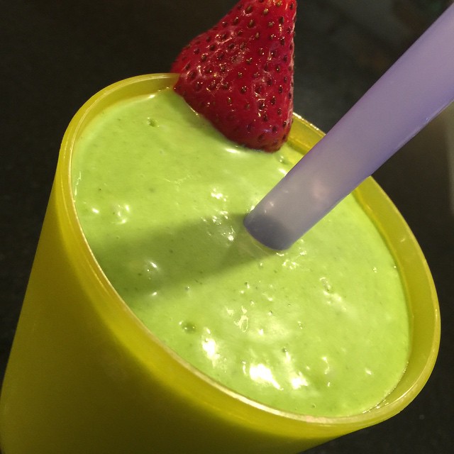 Sam's favorite, a green shake with spinach, avocado, vanilla and pineapple.