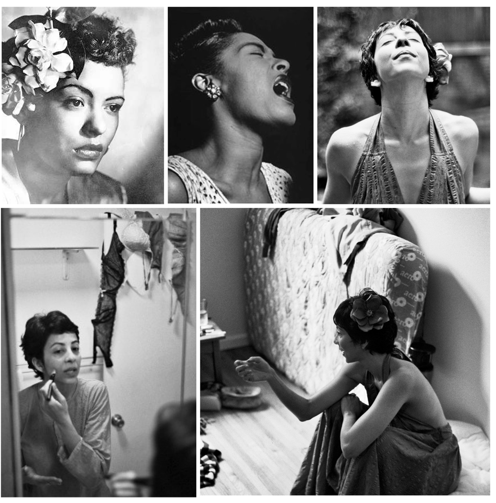 Billie Holiday was one of our inspirations for Radhika Vaz. Specifically these two shots in the upper left and upper middle photos.