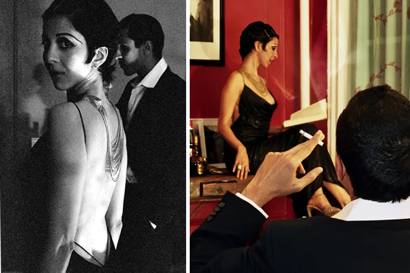 More from our mood board, Top Row from Left: Louise Brookes, Halle Berry and a vintage advertisement selling tires. Bottom Row from Left: Embodying our interpretation of the party girl in the era of the 20s.