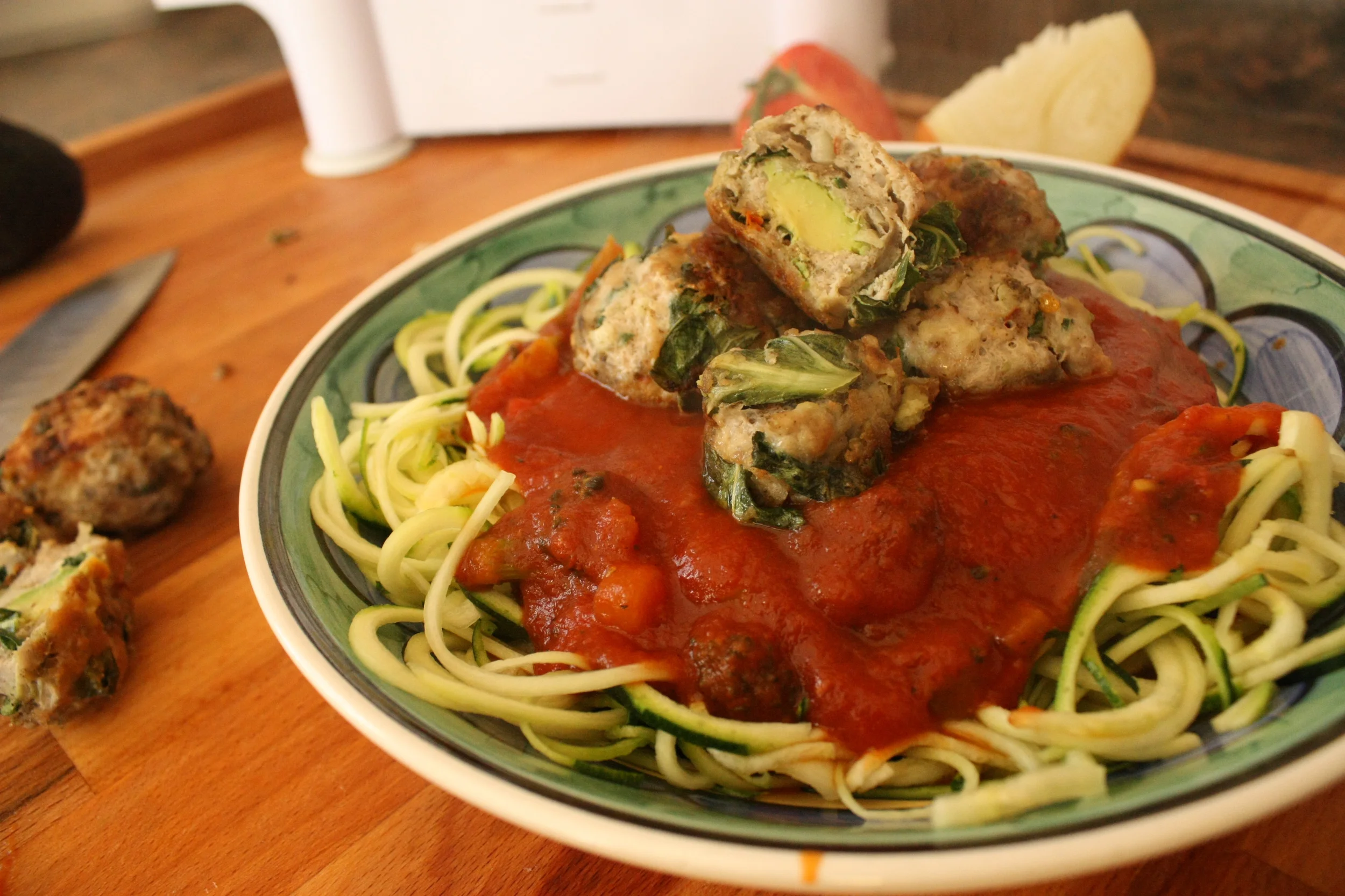 Avocado stuffed Meatballs and Zucchini Spaghetti