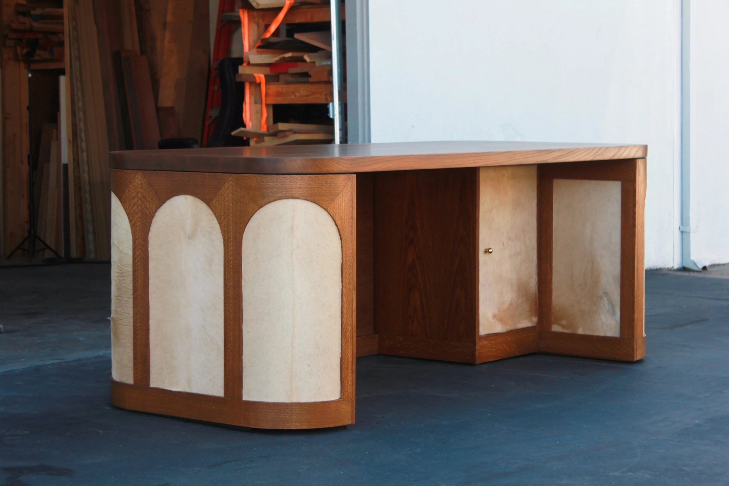 Custom white oak and leather inlay desk