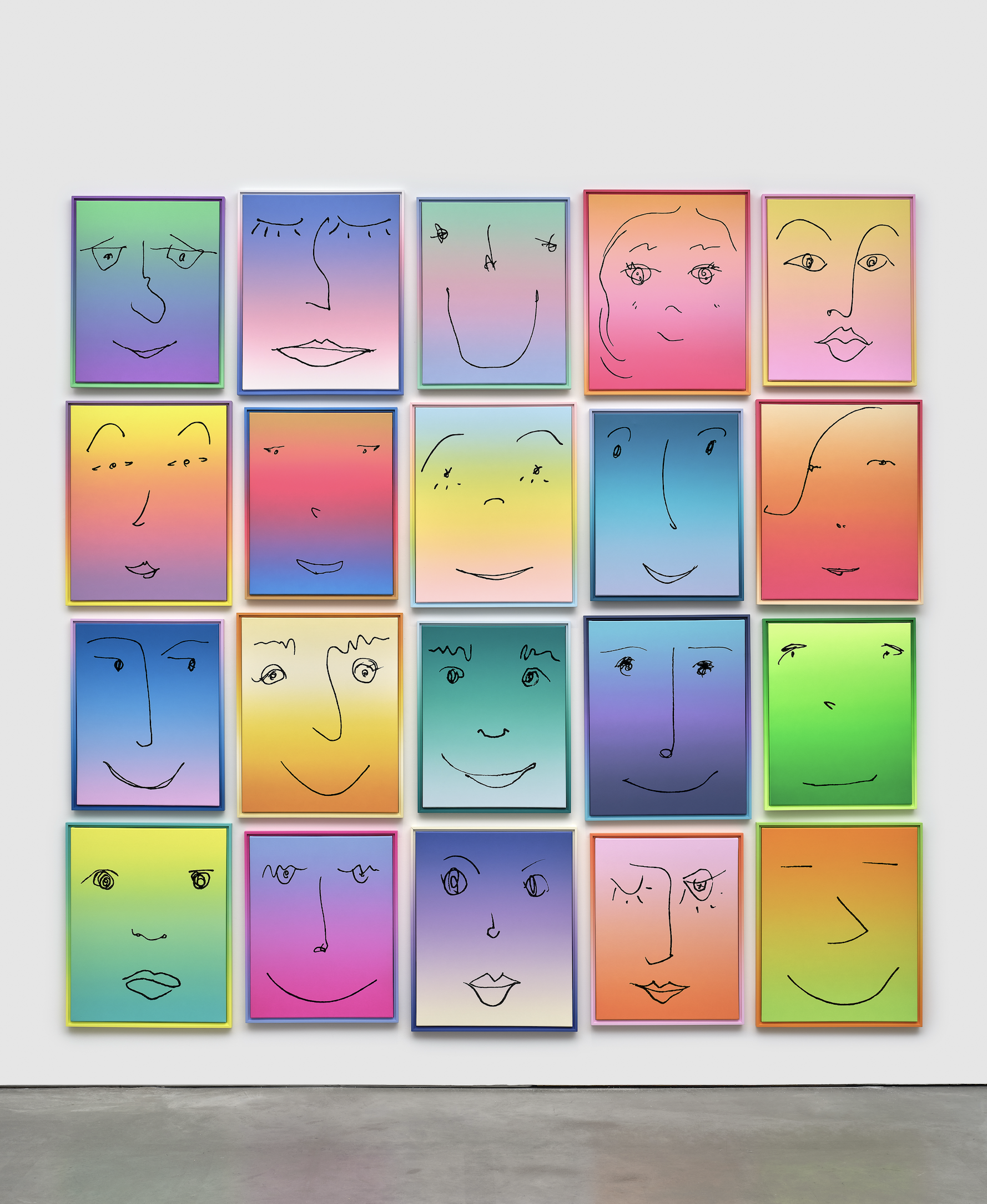   Standing Out From the Crowd   2024  acrylic, enamel, and flocking on canvas in hand-painted artist frames  Overall: 162 1/8 × 104 inches 