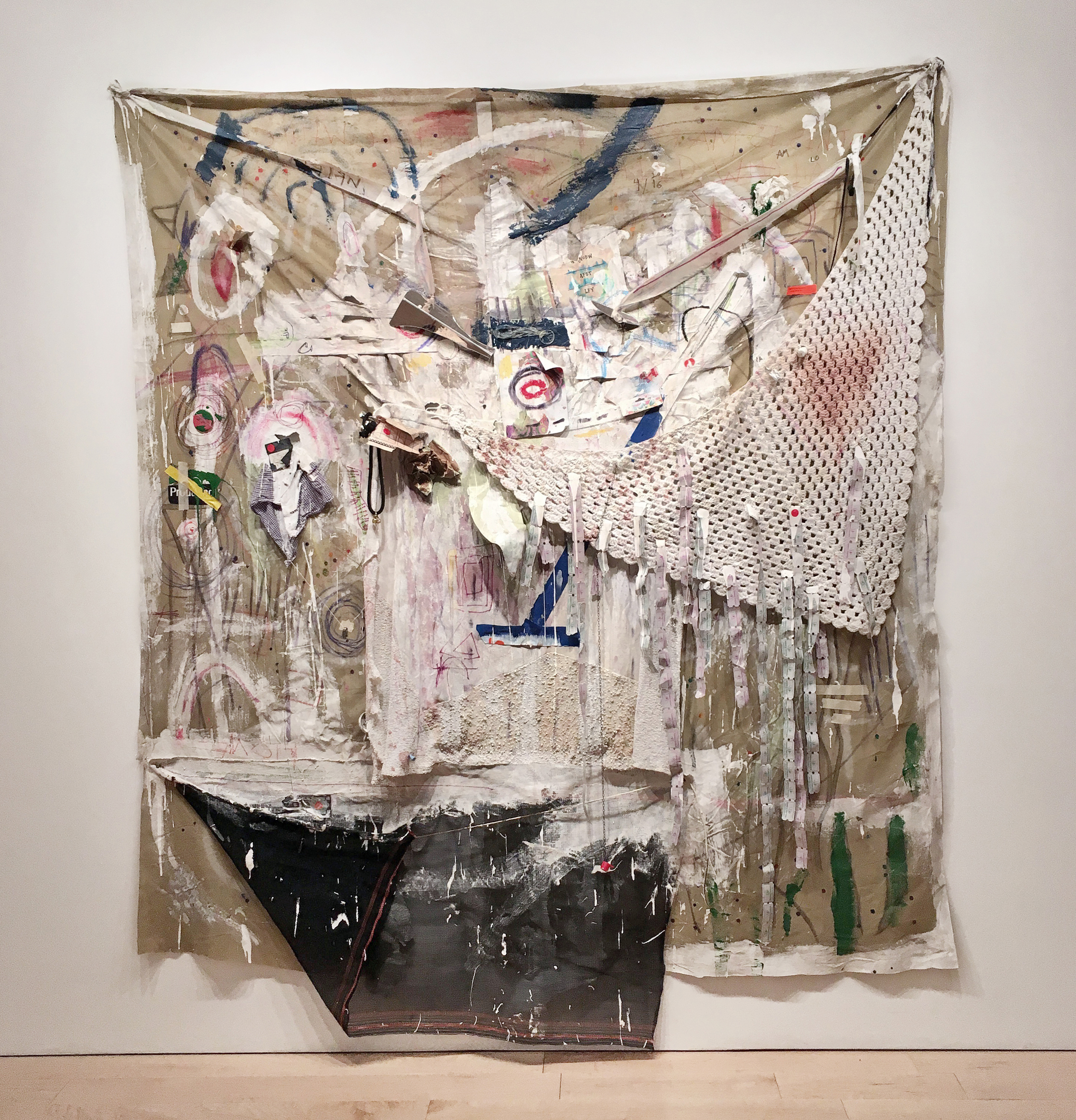 Shawl Foramen , 2016 consumer byproduct, pigmented adhesives, industrial mesh, on synthetic fabric 79" x 92"