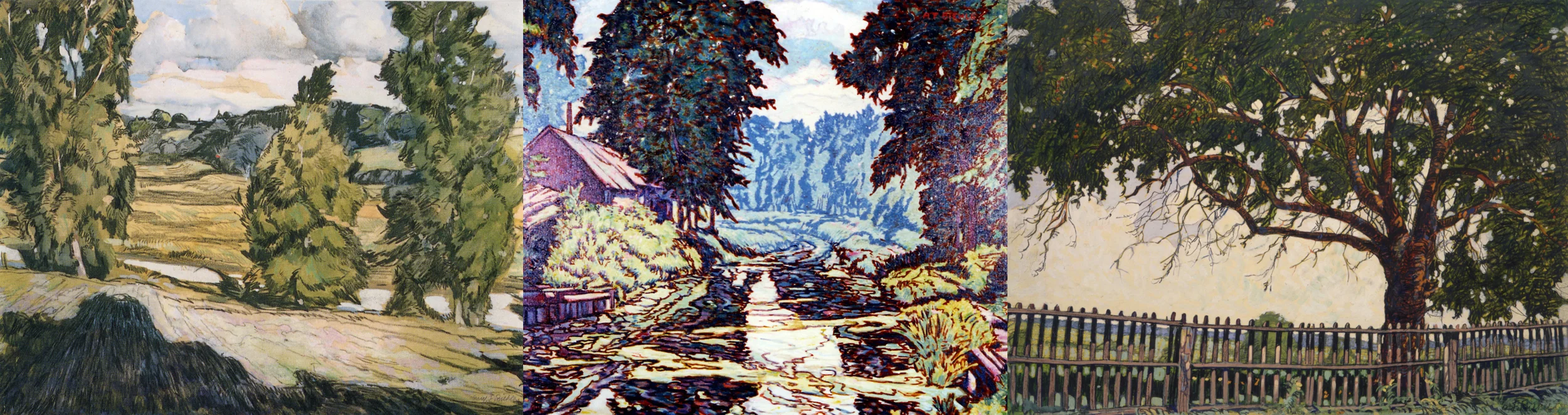 Three images by A.F.Biehle, Milan Heights, The Mill, and the Apple Tree