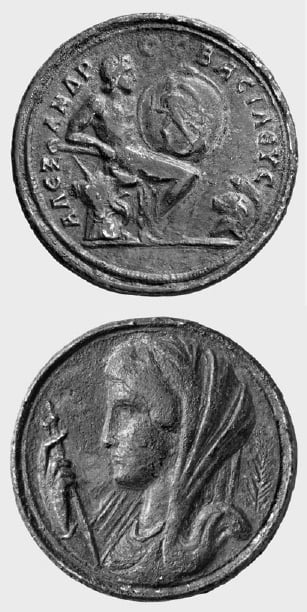 Numismatic Collection Berlin, 1812/306: Brass contorniate, Alexander the Great as Achilles and Olympias as Thetis. 