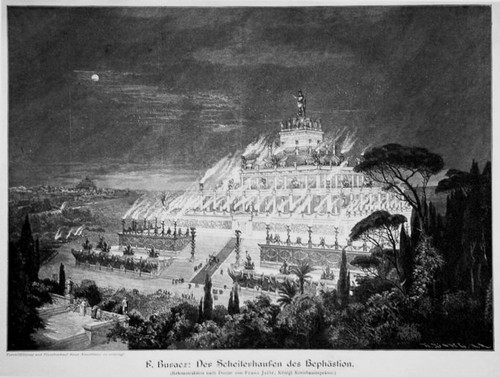 The funeral pyre of Hephaestion, F. Buracz and Franz Jeffe, 1900; the painting is based on the description of Diodorus in the Library of History