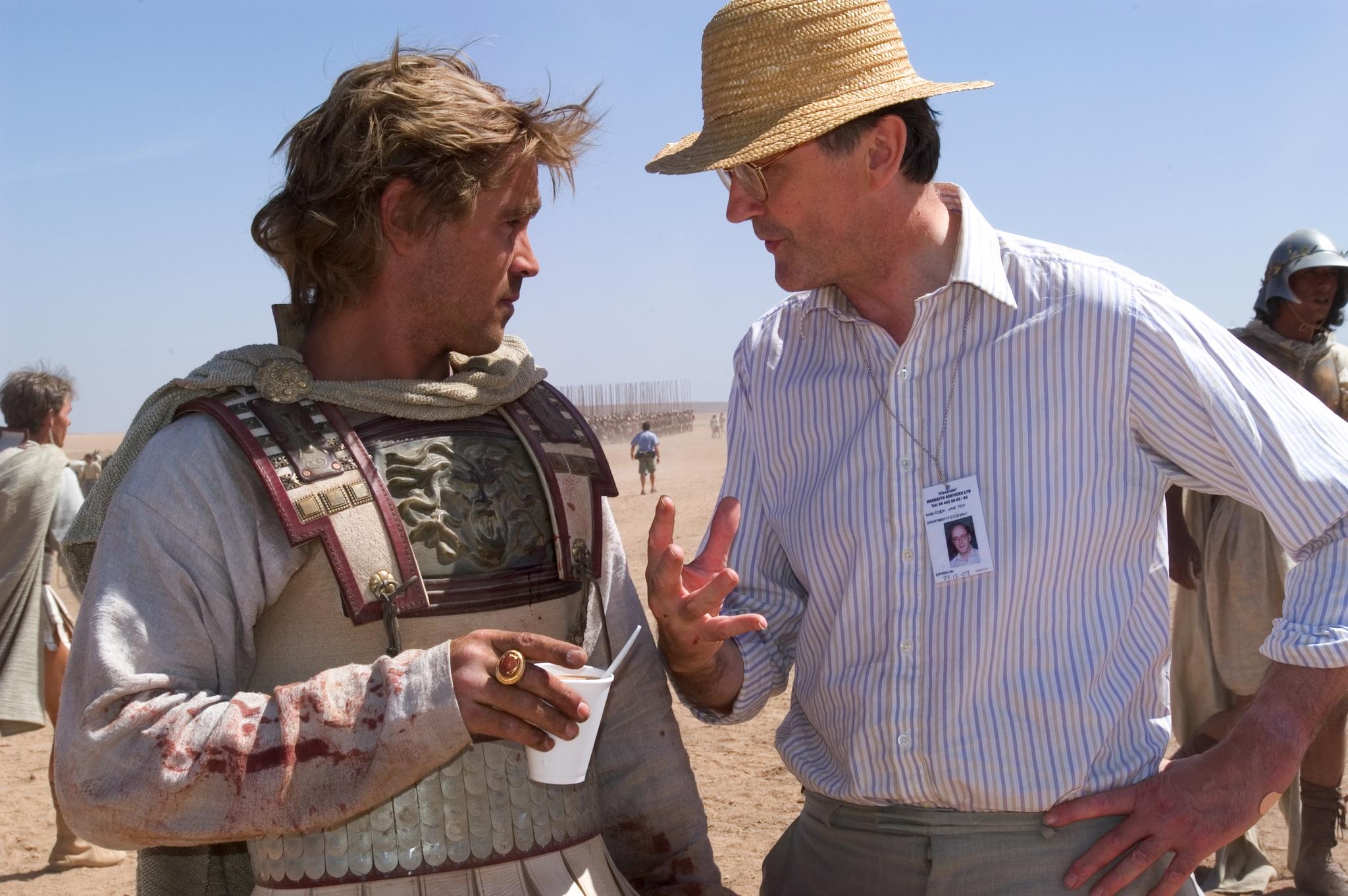 Historian Robin Lane Fox consults with actor Colin Farrell on the set of "Alexander" in 2004. Director Oliver Stone credited Fox's work as one of his key resources in developing the film.