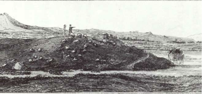 View from plain of Cape Sigeion, including tumuli identified as Achilles' and Patroclus', Gell 1804 (Plate 17). Black and white photograph of watercolor drawing.