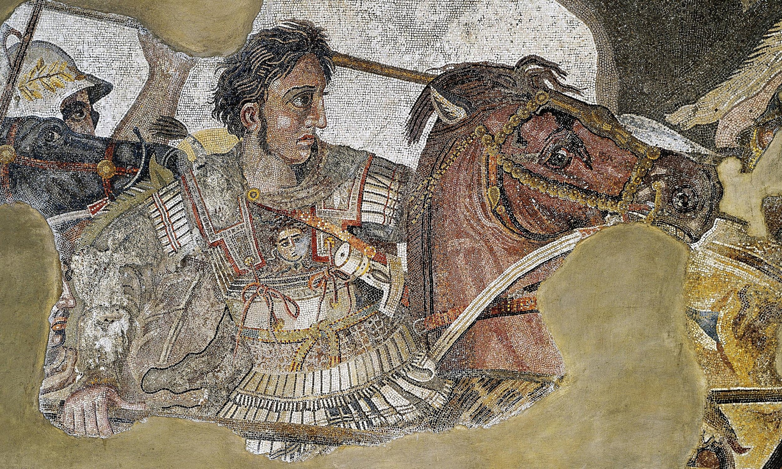 (Above: an ancient mosaic of Alexander the Great, dated around 100 BCE)