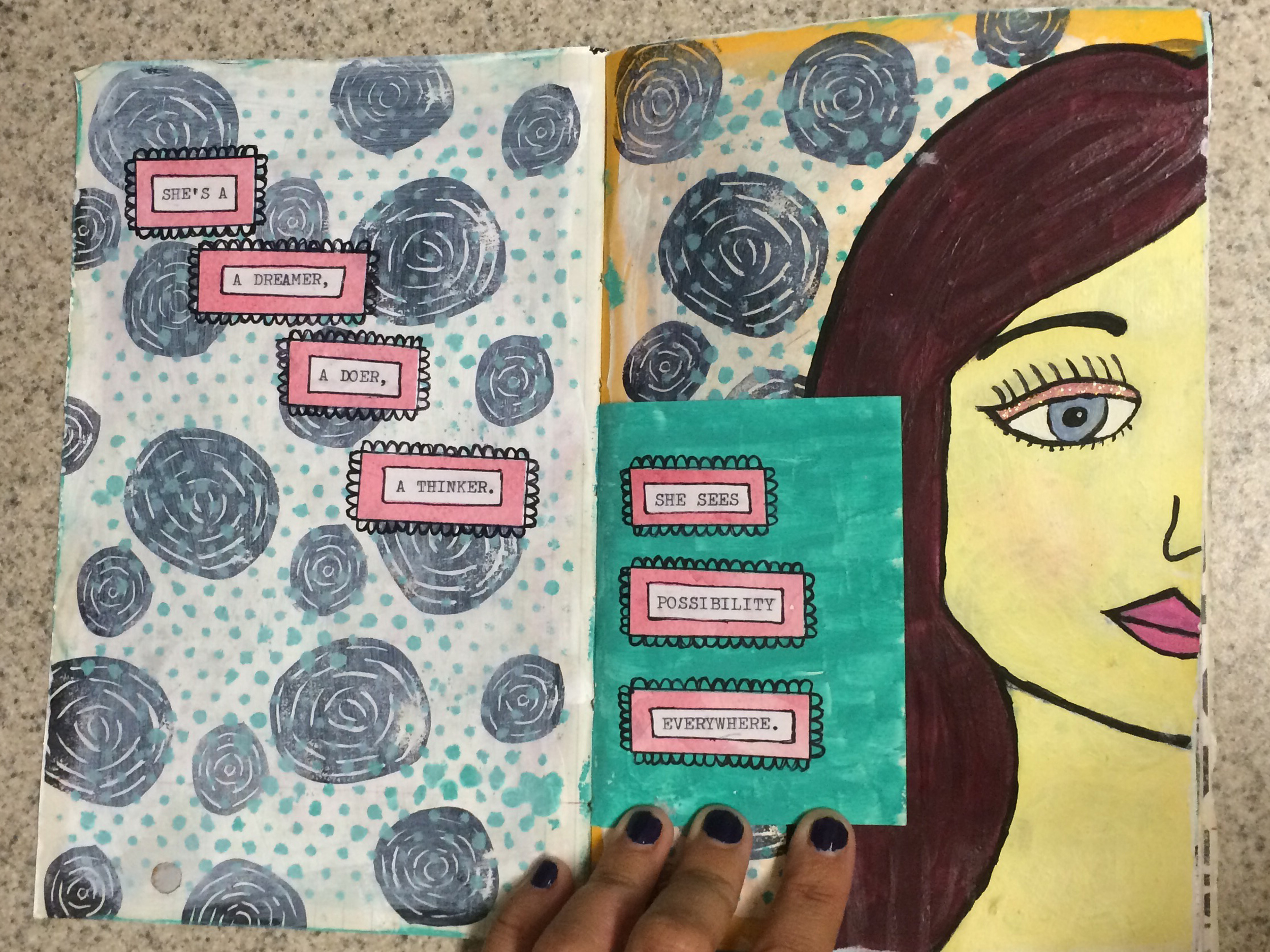 This page may be my favorite of them all! I really love the way the girl turned out in the end, even with her odd coloring. Here is a break down of how I completed this: 1) Covered both pages with white gesso. 2) Stamped flowers with black ink. 3) Stenciled teal dots. 4) Covered all with Picket Fence Distress Stain (this creates a whitewashed look) 5) Sketched outline of girl. 6) Applied several layers of white gesso within the sketch to cover the background. 7) Sketched then painted in eyes, nose, and lips. 8) Painted in her hair and added some gloss medium streaks to create some shine. 9) Typed the words on my typewriter and adhered to pink paper strips. 10) Adhered word strips and doodled around them.