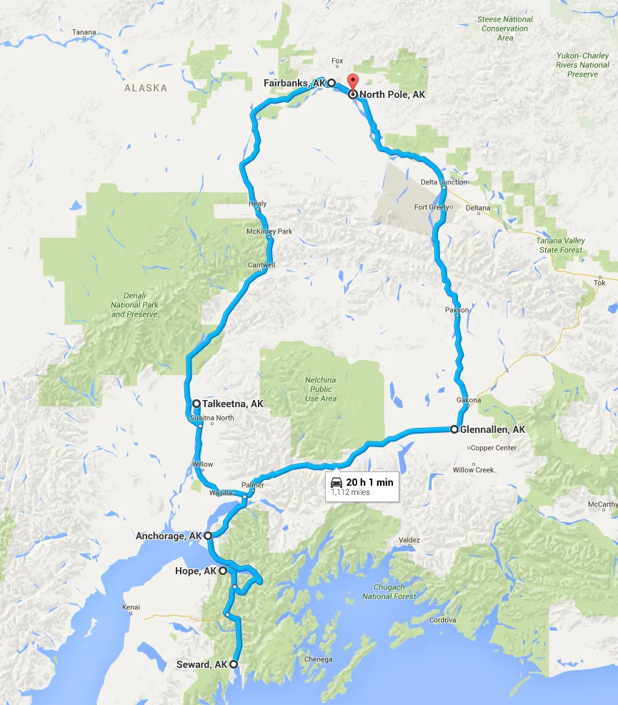 The route starting from Fairbanks, heading through North Pole, stopping in Denali National Park, heading to Glennallen, over to Anchorage, around to Hope, south to Seward, back up to Talkeetna and ending back in Fairbanks.