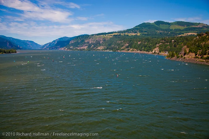 The Columbia River and our kiteboarding playground, looking upwind and west.