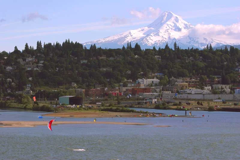 This is where we kite and yes it is real. View of Hood River and Kite Spit from the Washington side of the Columbia River
