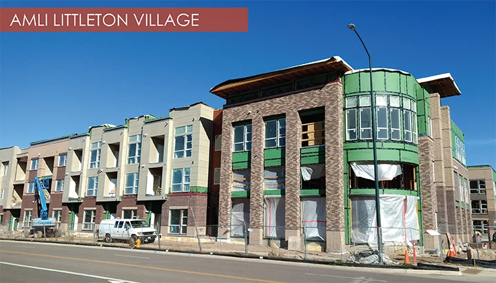 AMLI Littleton Village, Littleton, Colorado The AMLI Littleton Village community consists of two residential buildings and one mixed used building with 9,000 SF of ground floor retail. Featured here is an image of one of the residential buildings. The project is slated to open its doors to residents in July of 2018. 