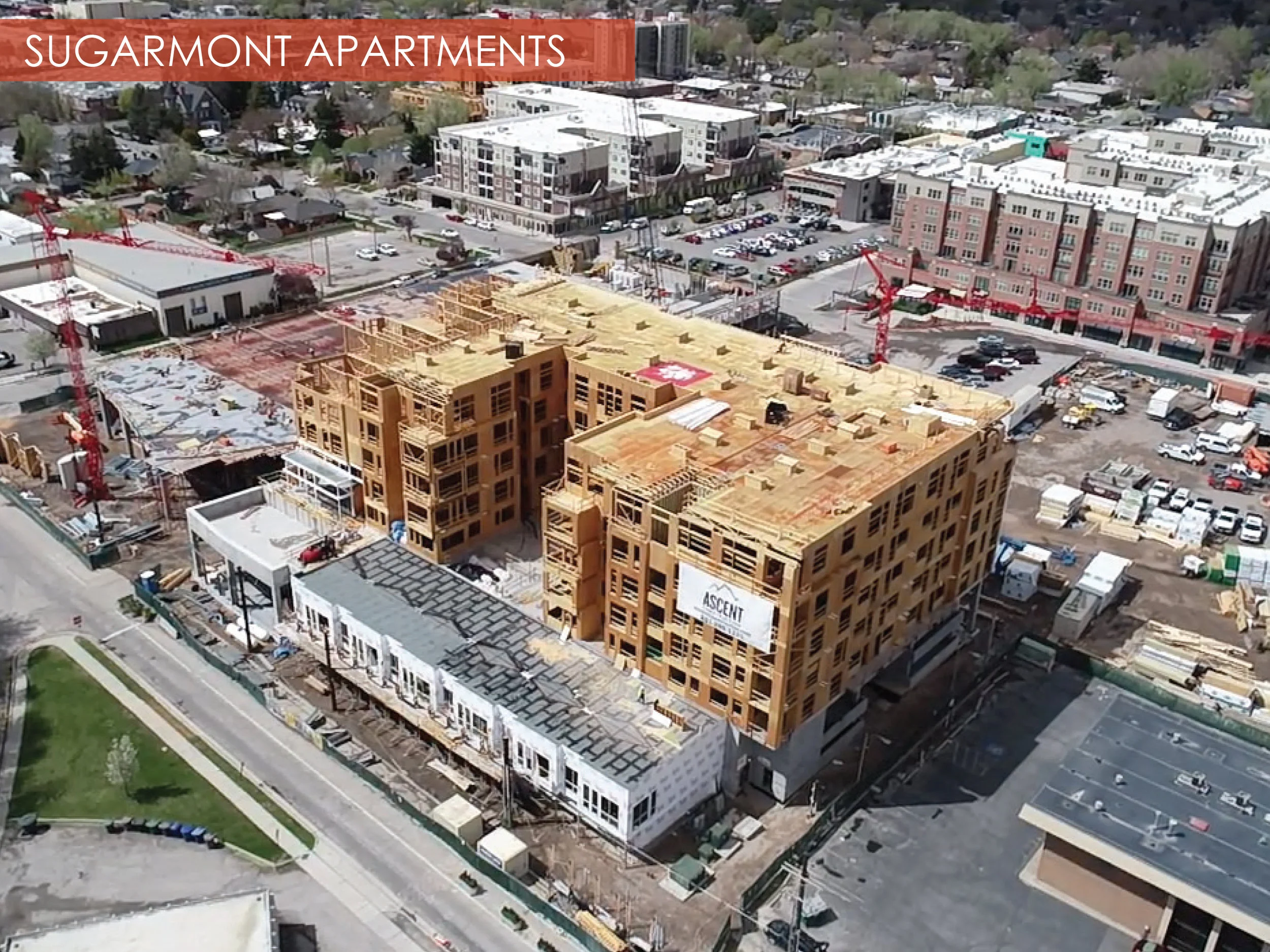 Sugarmont Apartments, Salt Lake City, Utah The two buildings of the Sugarmont Apartments are well underway, but at various stages in construction. The buildings are 8 stories, connected from stories 4 through 8. Building 2 (foreground in picture below) is working through framing, while Building one is finishing up concrete pours. This project is scheduled for completion January 2019.