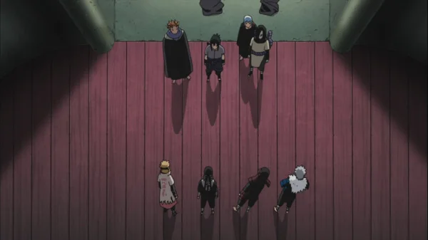 Sasuke speaking with the previous 4 Hokages.