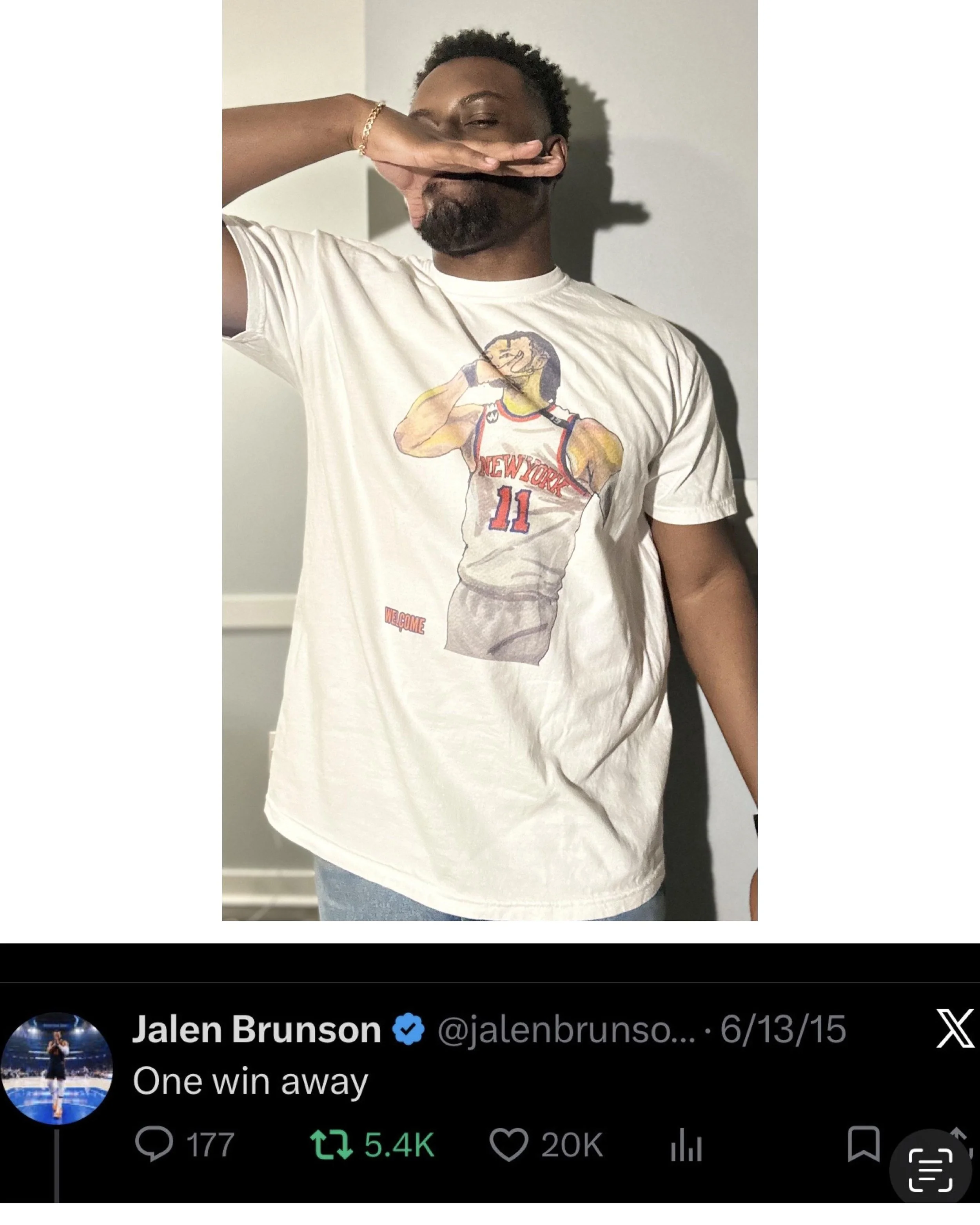 FATE WINKS BACK Jalen Brunson tweeted "One win away" in 2015. The Knicks won the chip on the same date in 2026. I had his shirt ready.